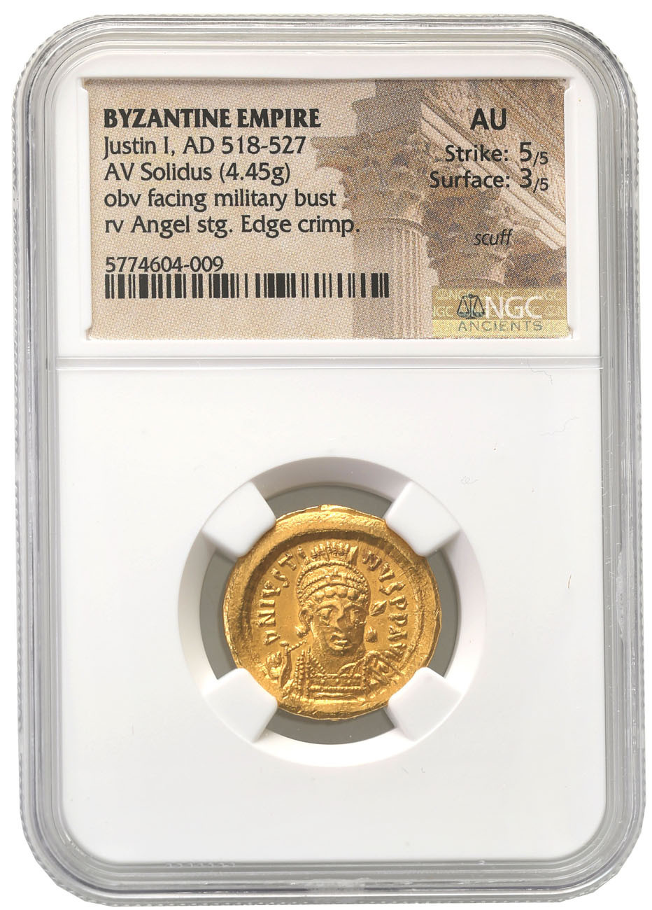 Bizancjum. Justin I (518-527). Solidus 518-522, Konstantynopol NGC AU 5/5 3/5